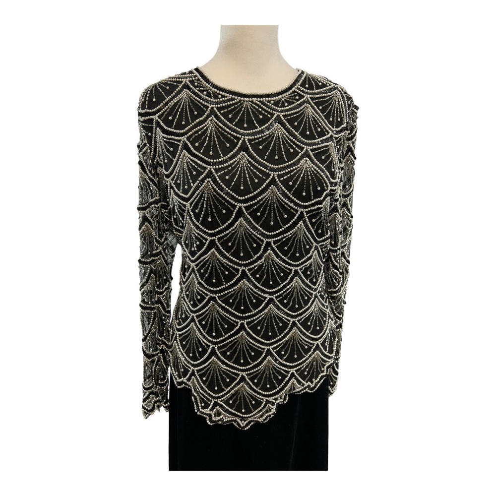LAURENCE KAZAR VTG black white beaded top scallop designed sheer long sleeve M - Picture 10 of 14